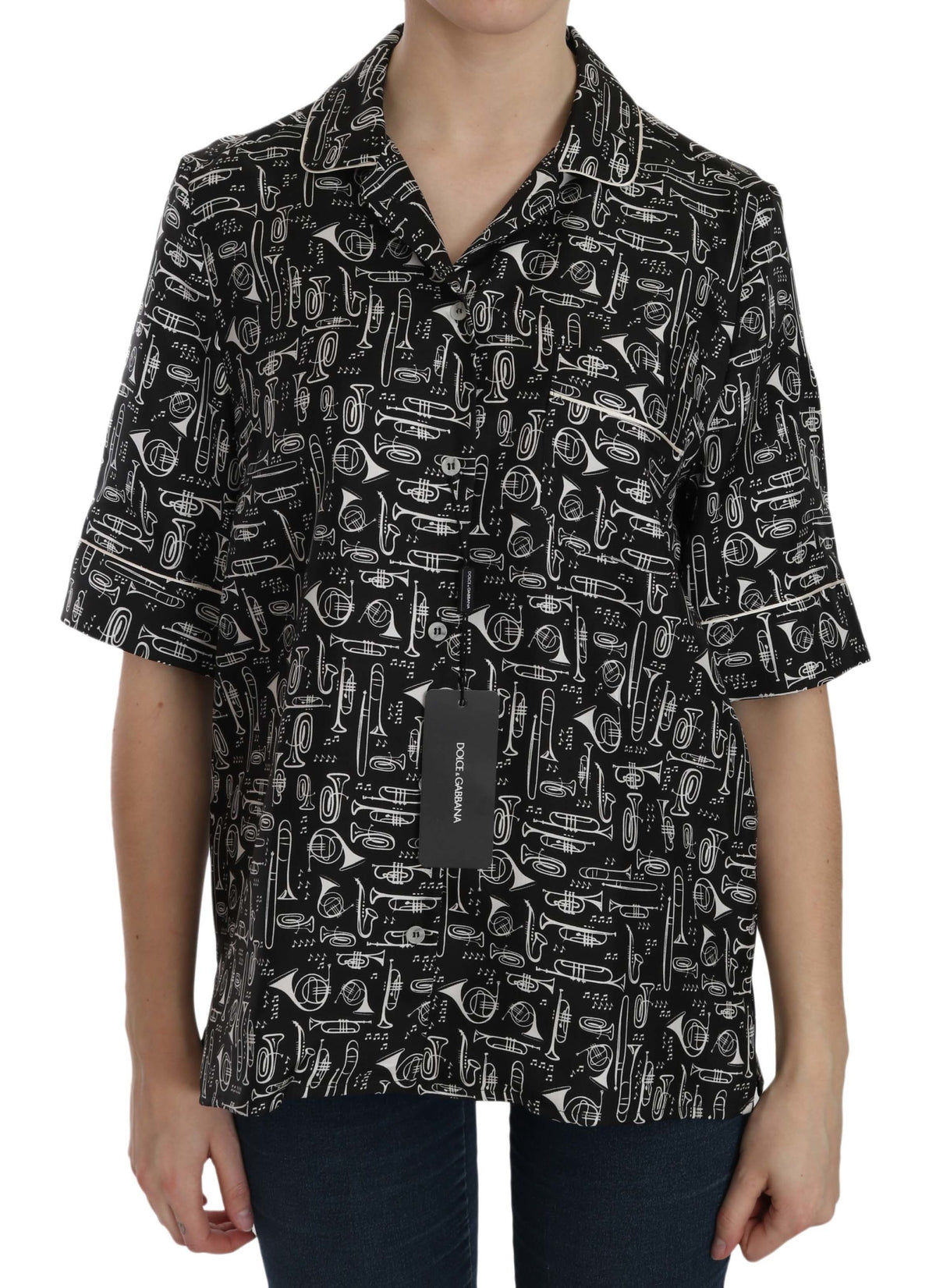 Black Musical Instrument Print Silk Top