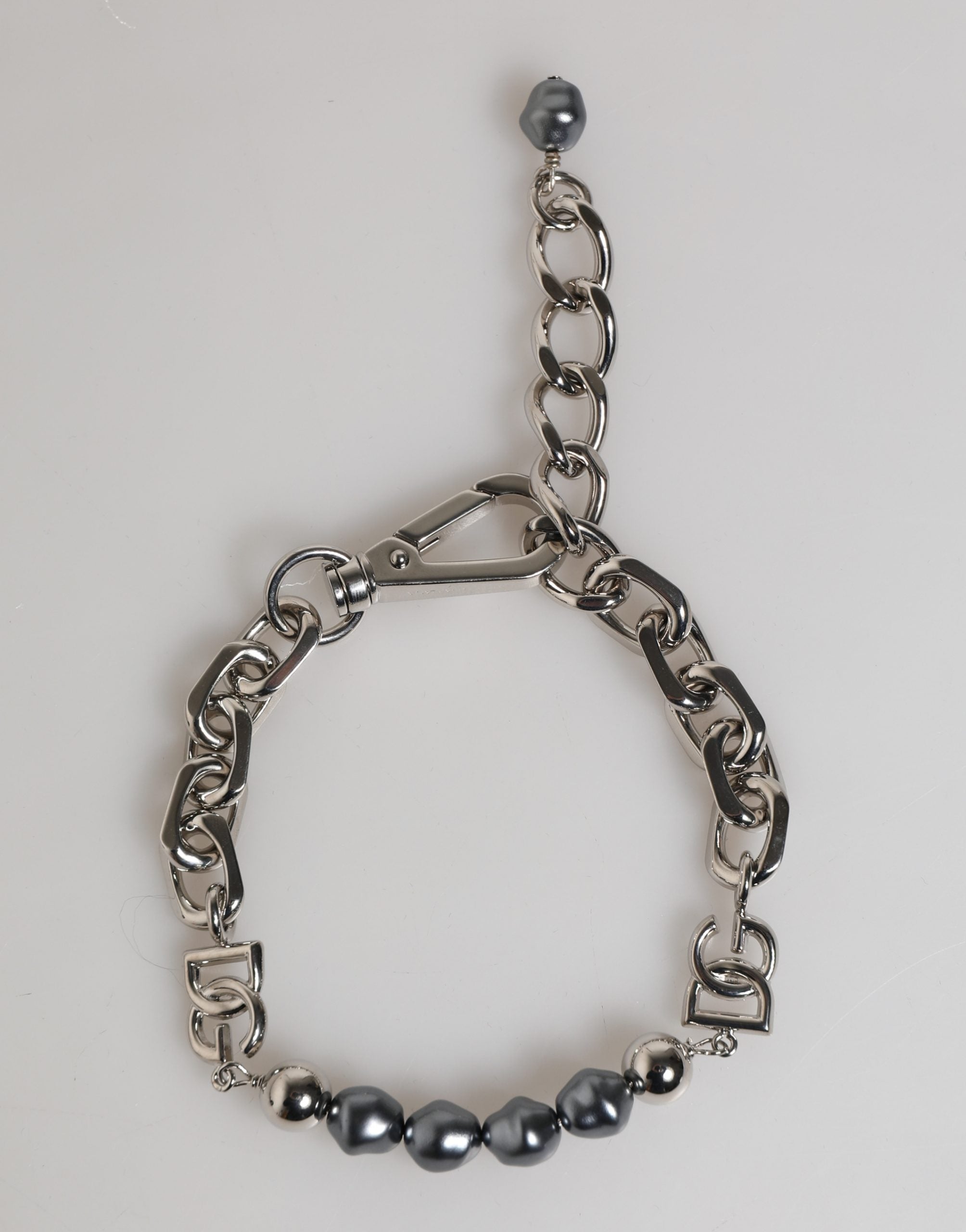 Silver Tone Chain Lobster Clasp Logo Gray Pearls Bracelet