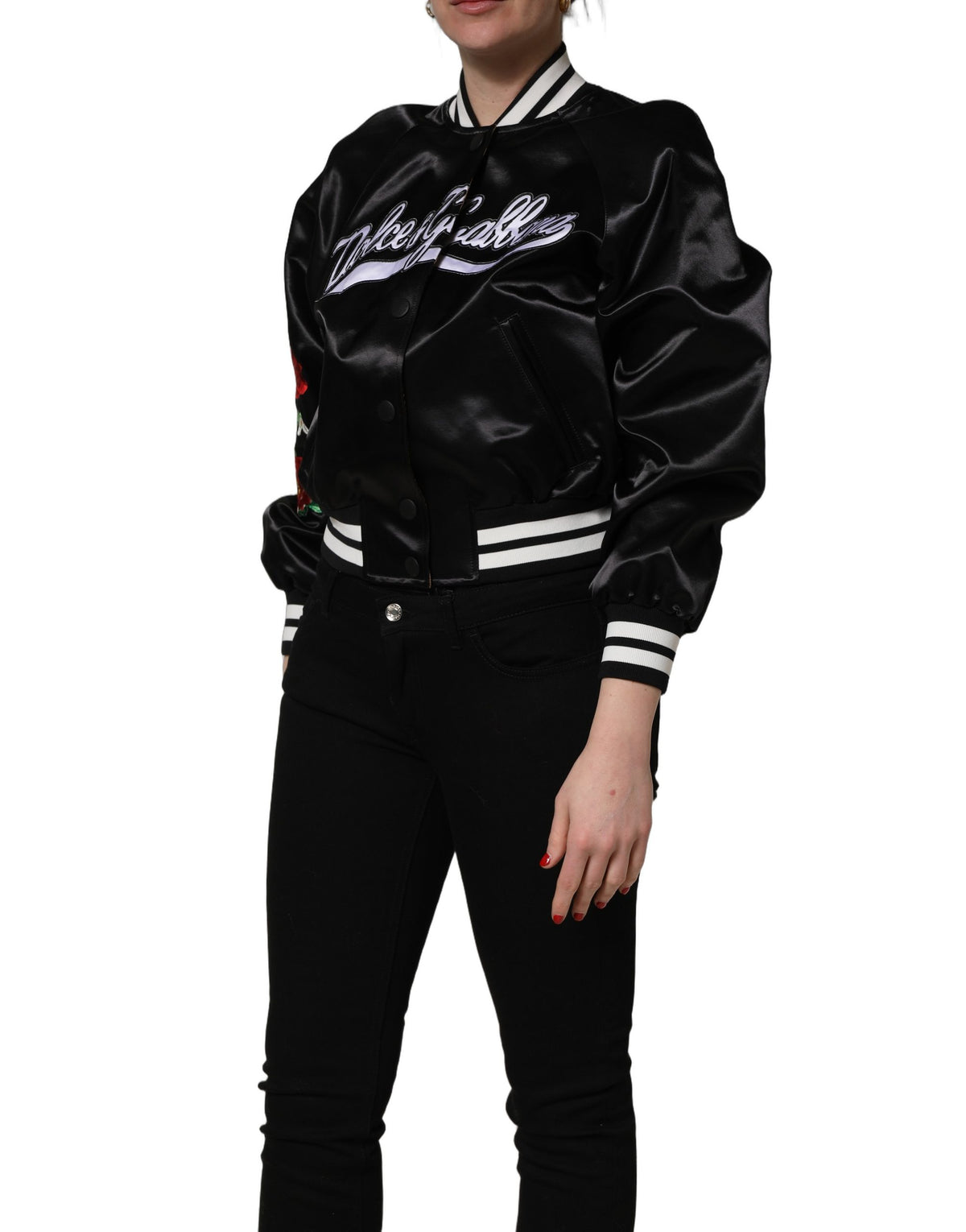 Black Satin Floral Embroidery Bomber Jacket
