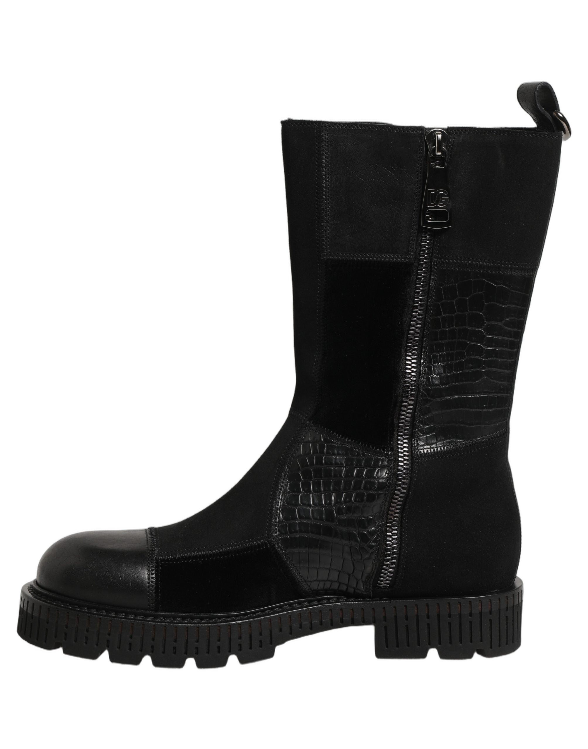 Black Patchwork Leather Mid Calf Boots Shoes