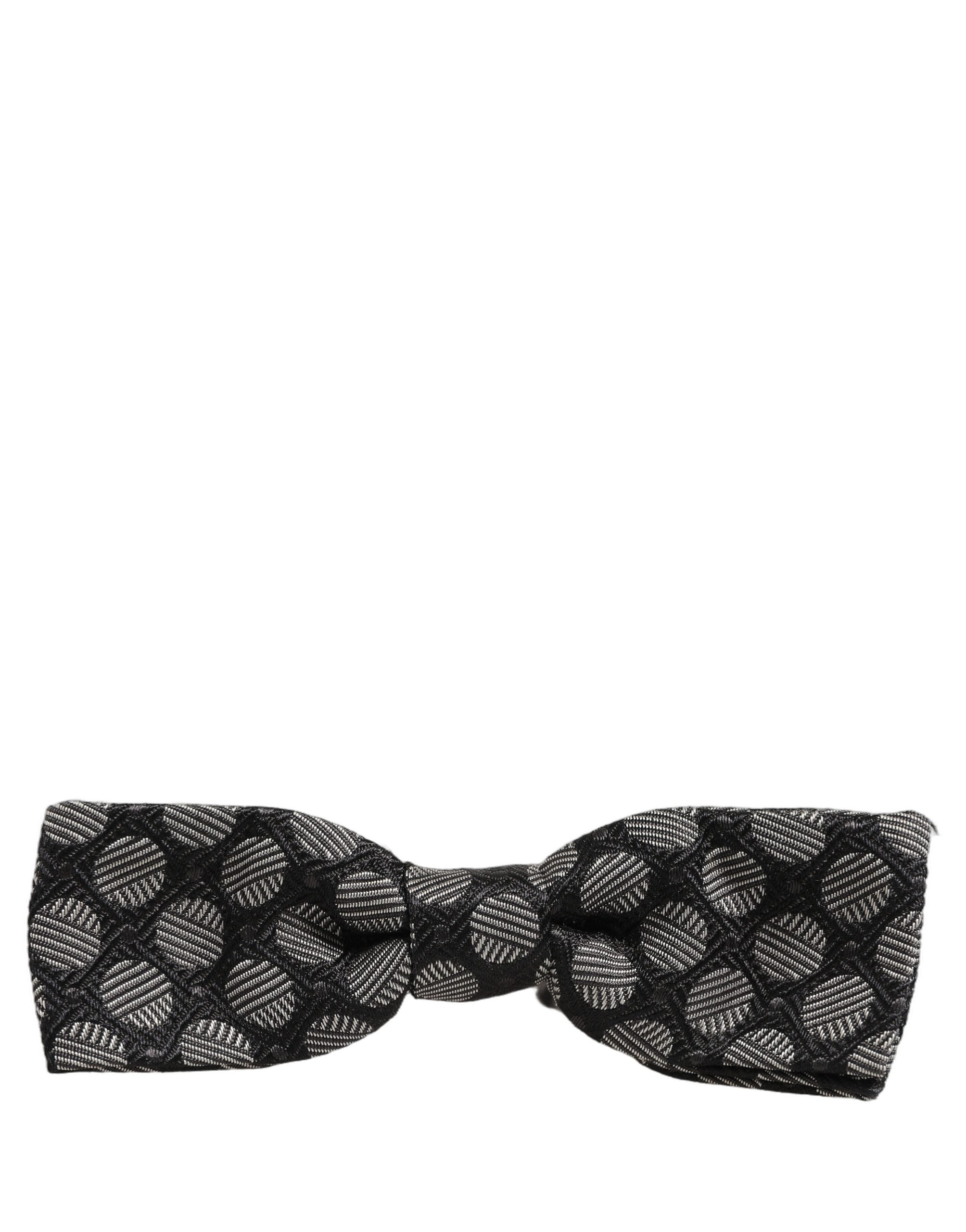 Dark Gray White Geometric Silk Adjustable Neck Papillon Bow Tie