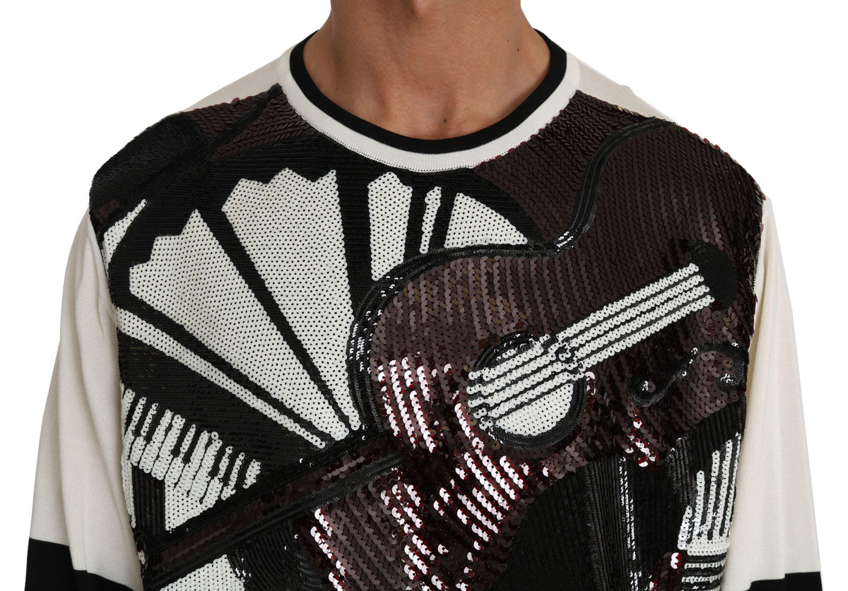 White Jazz Sequined Guitar Pullover Top Sweater