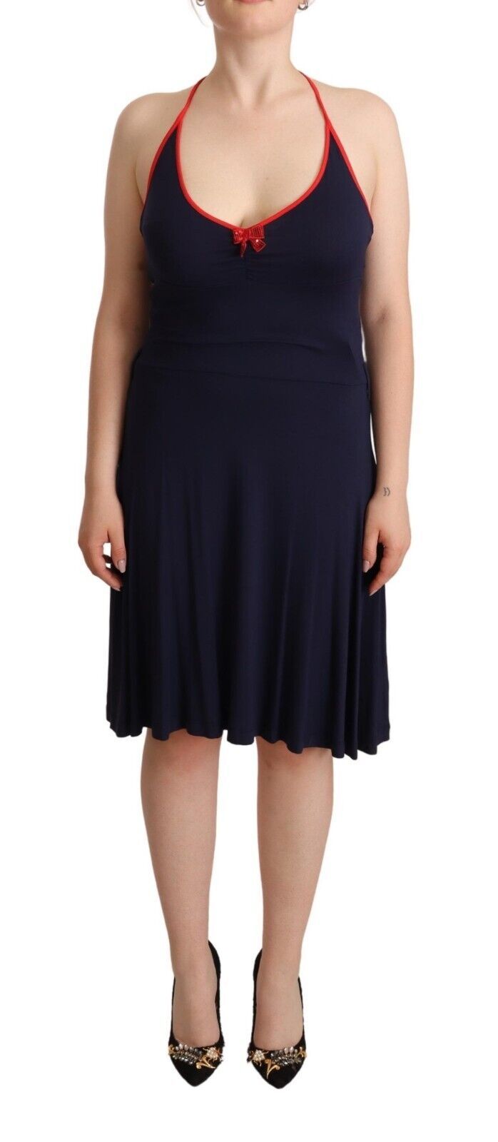 Navy Blue Sleeveless Halter Sheath Midi Dress