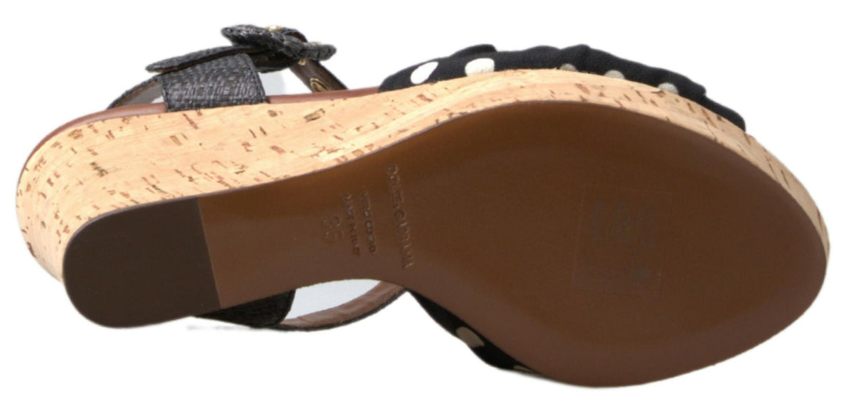 Black Wedges Polka Dotted Ankle Strap Shoes Sandals