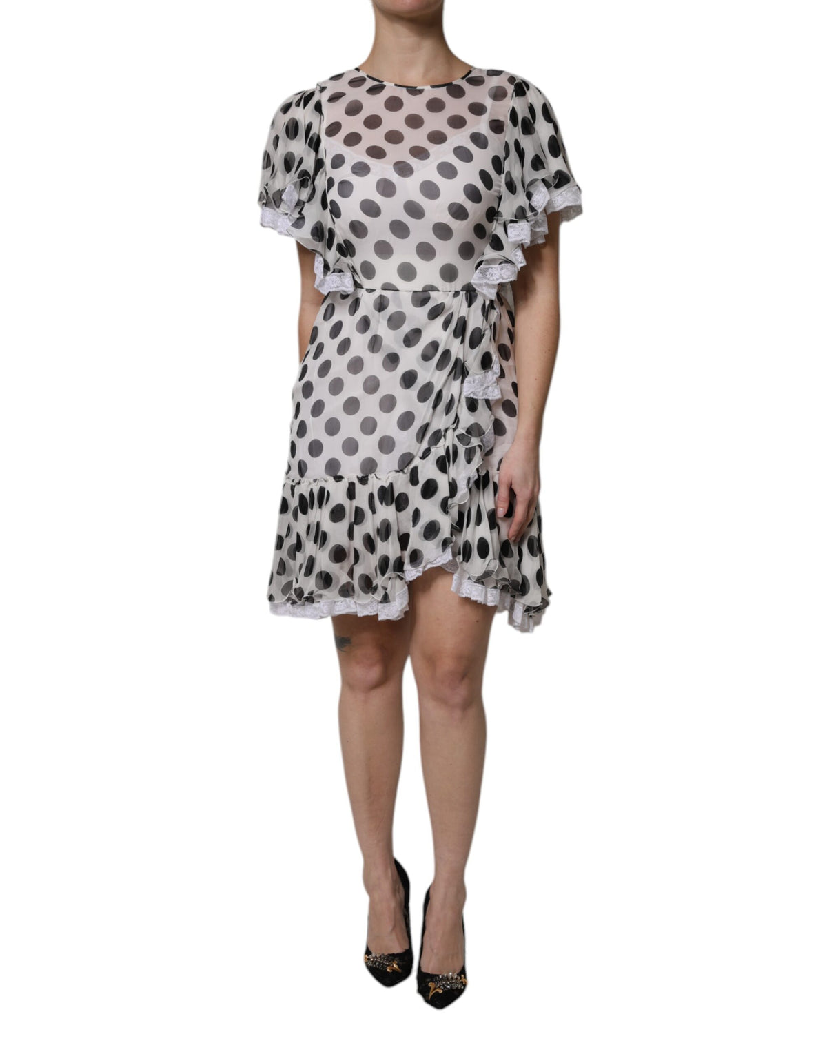 White Polka Dotted Silk Blend A-line Dress