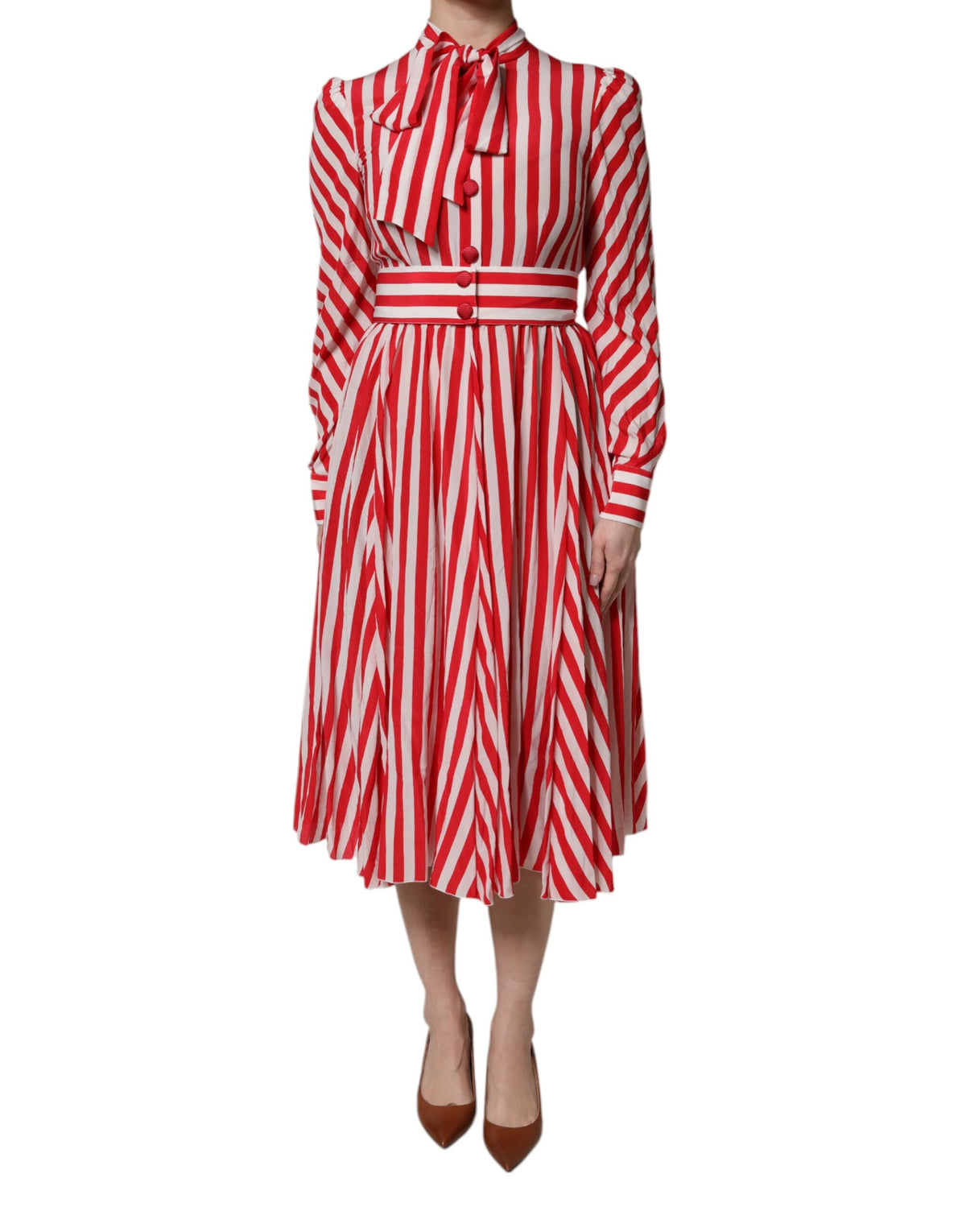 White Red Stripes Long Sleeves Midi Dress