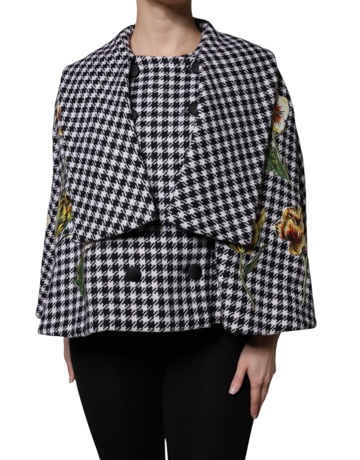 Black White Monochrome Patterned Floral Cape Jacket