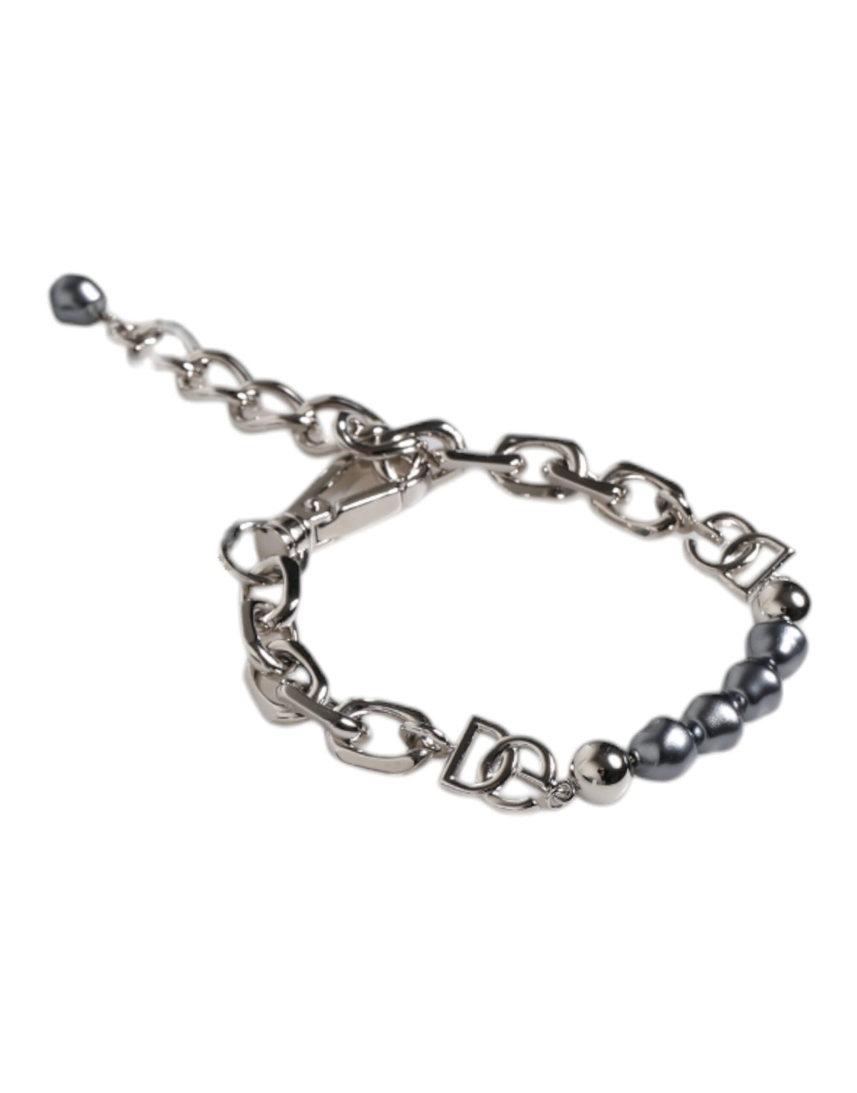 Silver Tone Chain Lobster Clasp Logo Gray Pearls Bracelet