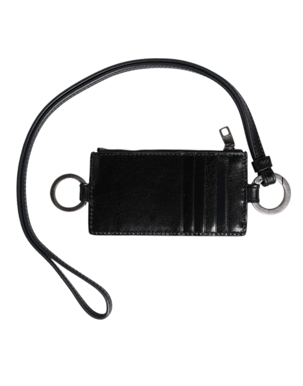 Black Leather Logo Embossed Lanyard Card Holder Wallet