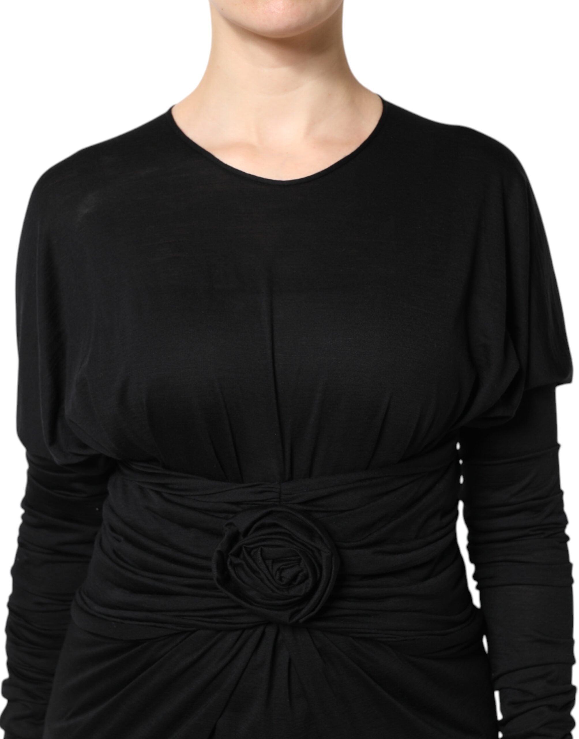 Black Wool Long Sleeves Sheath Midi Dress