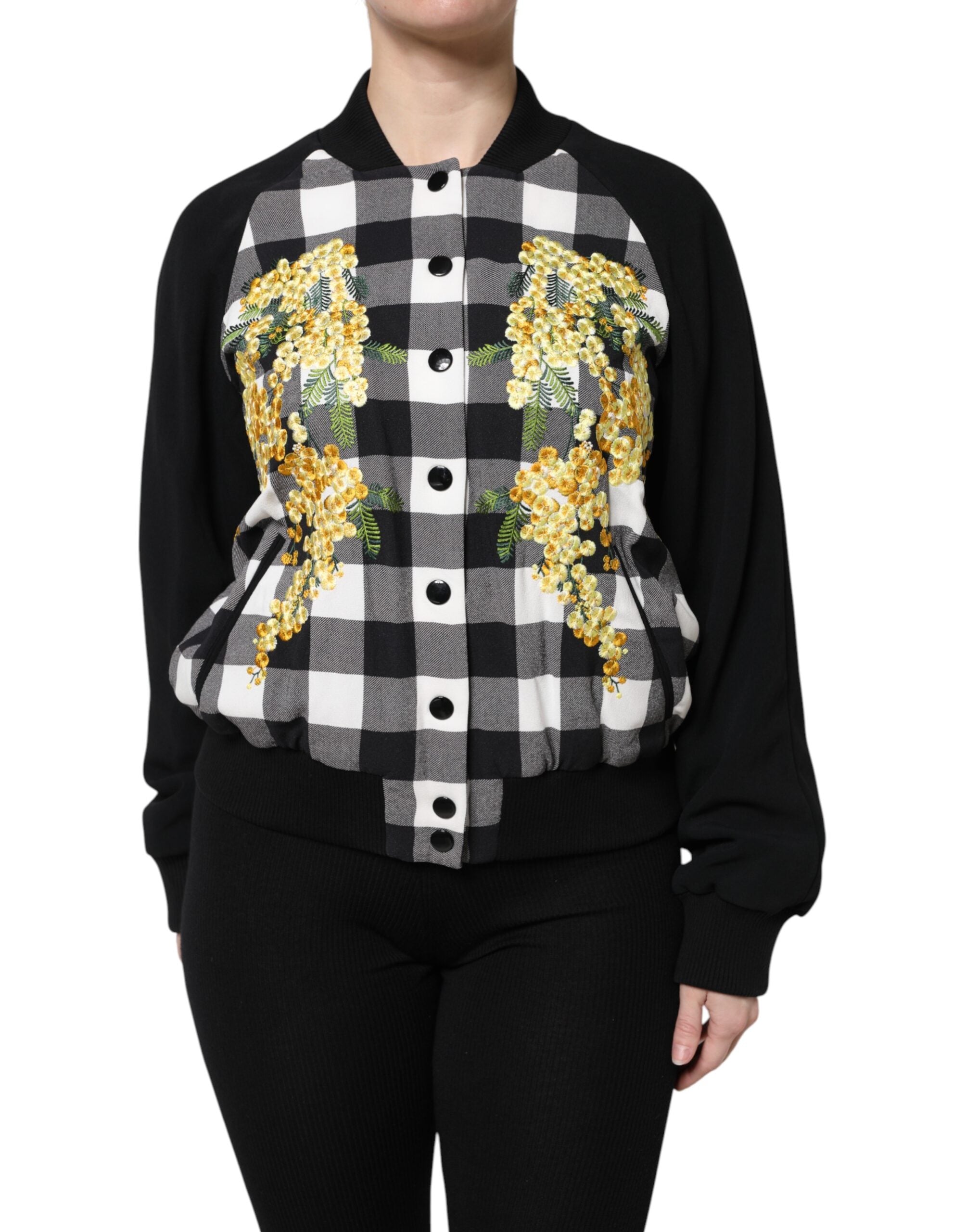 Black White Check Floral Button Down Jacket