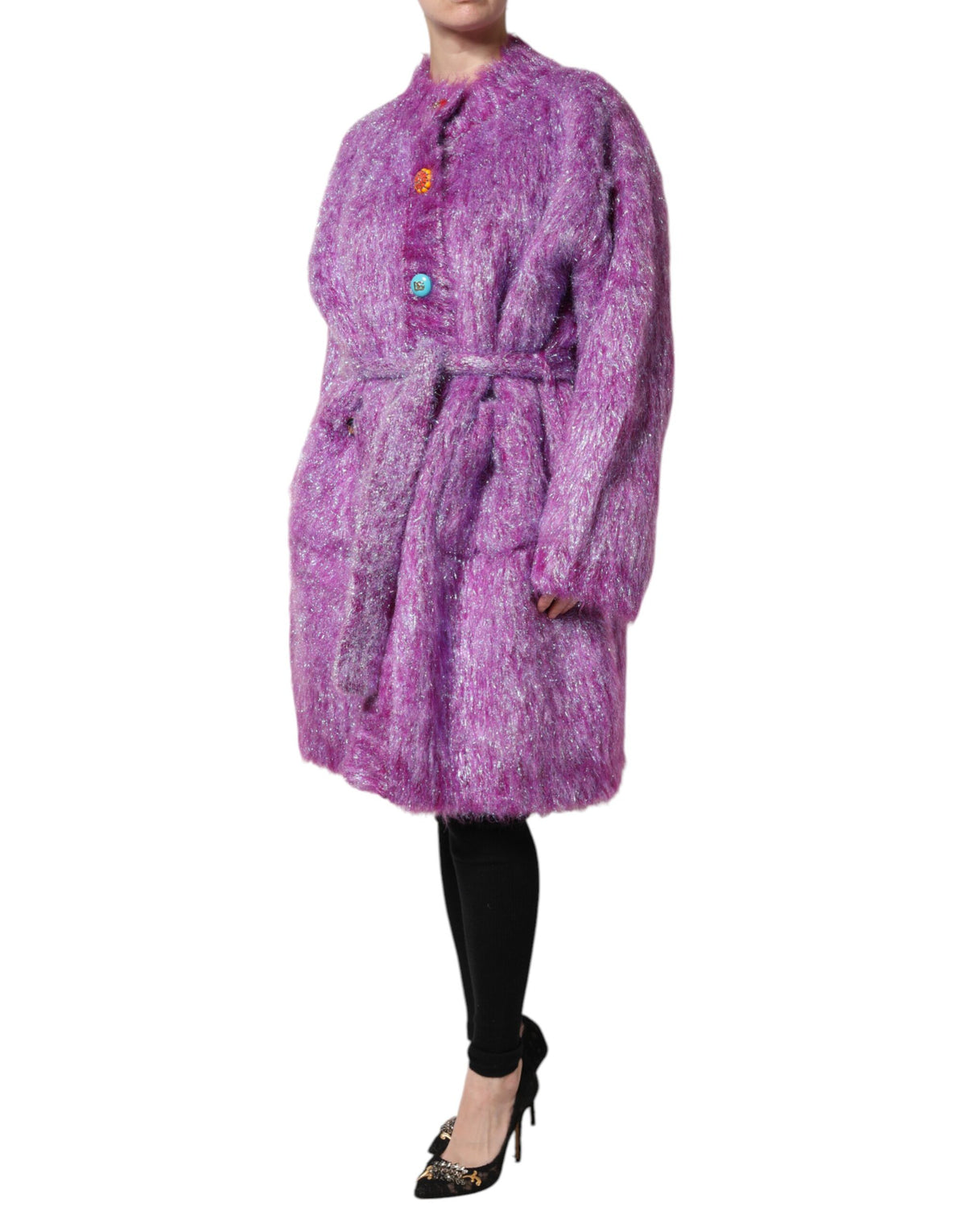 Purple Button Embellished Trench Coat Jacket