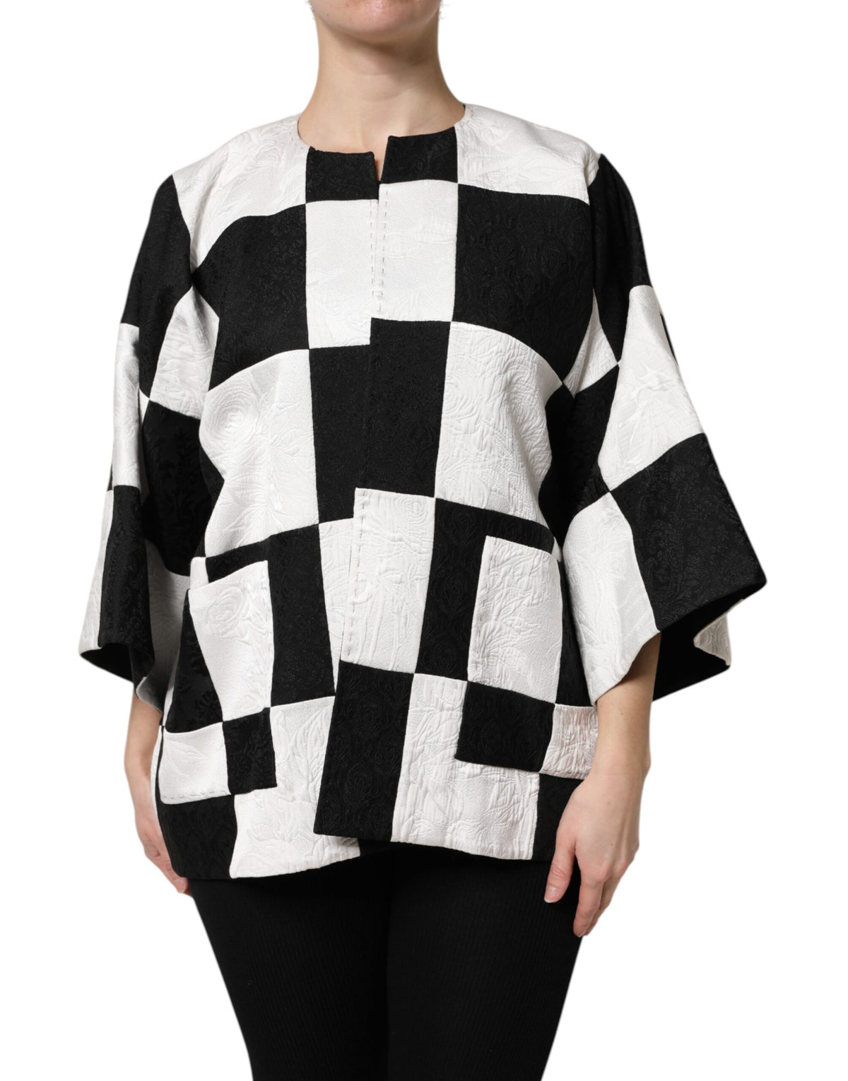 White Black Patchwork Jacquard Blazer Jacket