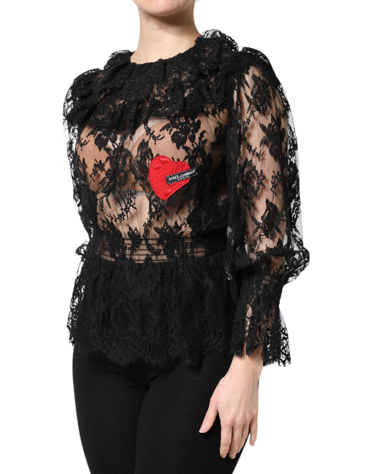 Black Cotton Floral Lace Women Blouse Top
