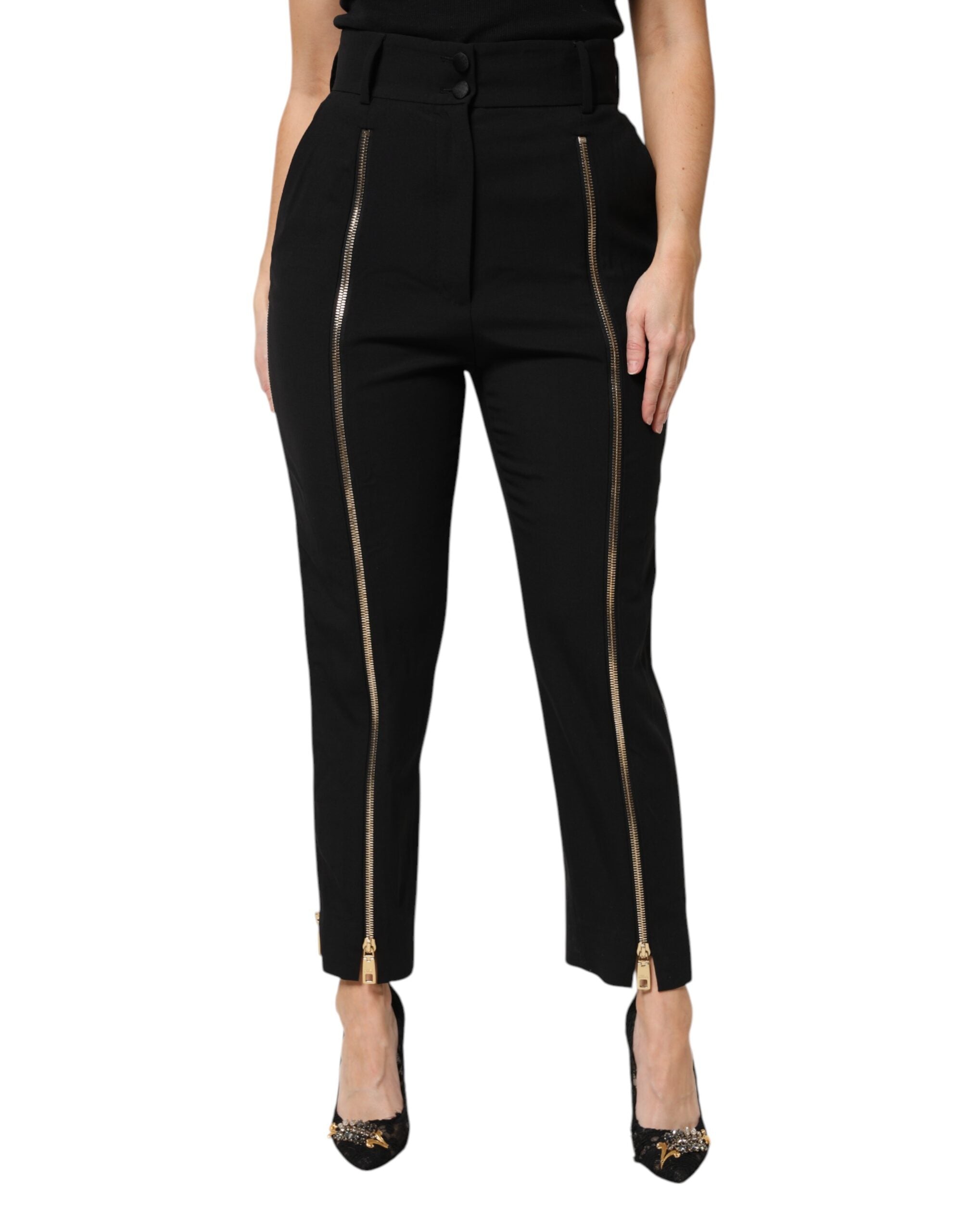 Black Wool High Waist Zipper Tapered Pants