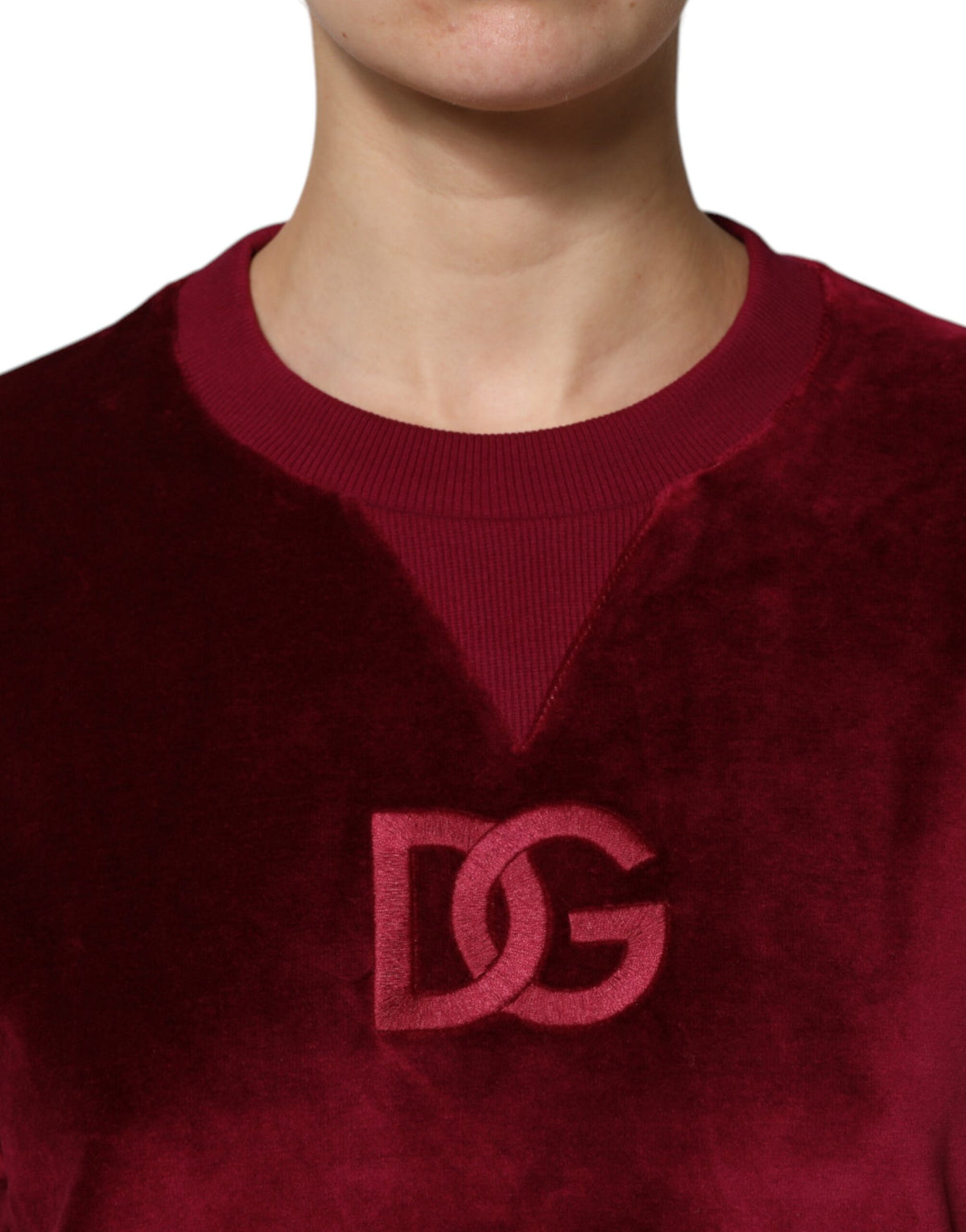 Red Cotton Velvet Crew Neck Pullover Sweater