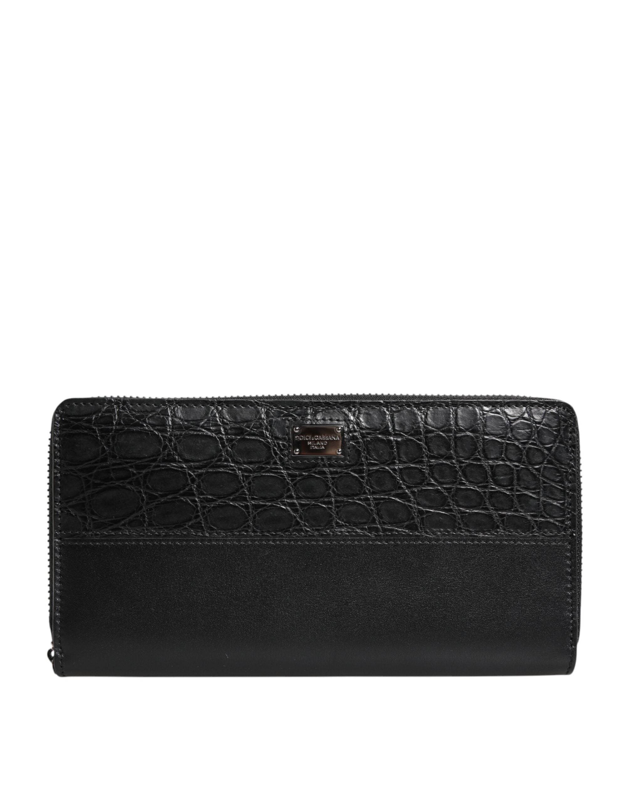 Black Leather Logo Plaque Zip Around Continental Wallet