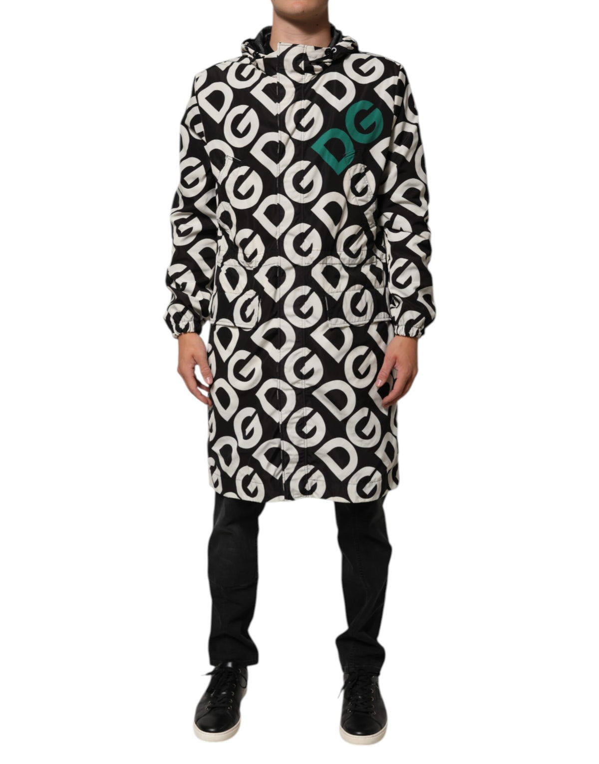 Black White Logo Print Hooded Coat Men Jacket