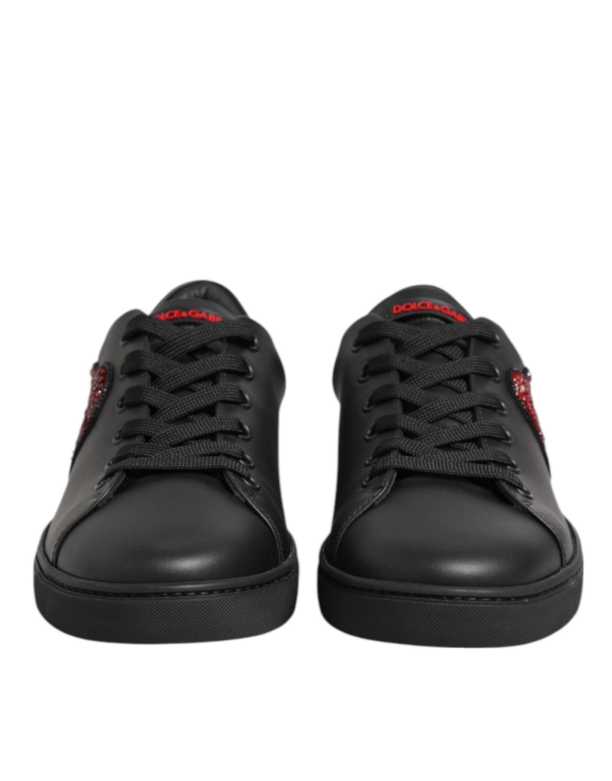Black Leather Crystal Heart Low Top Sneakers Shoes