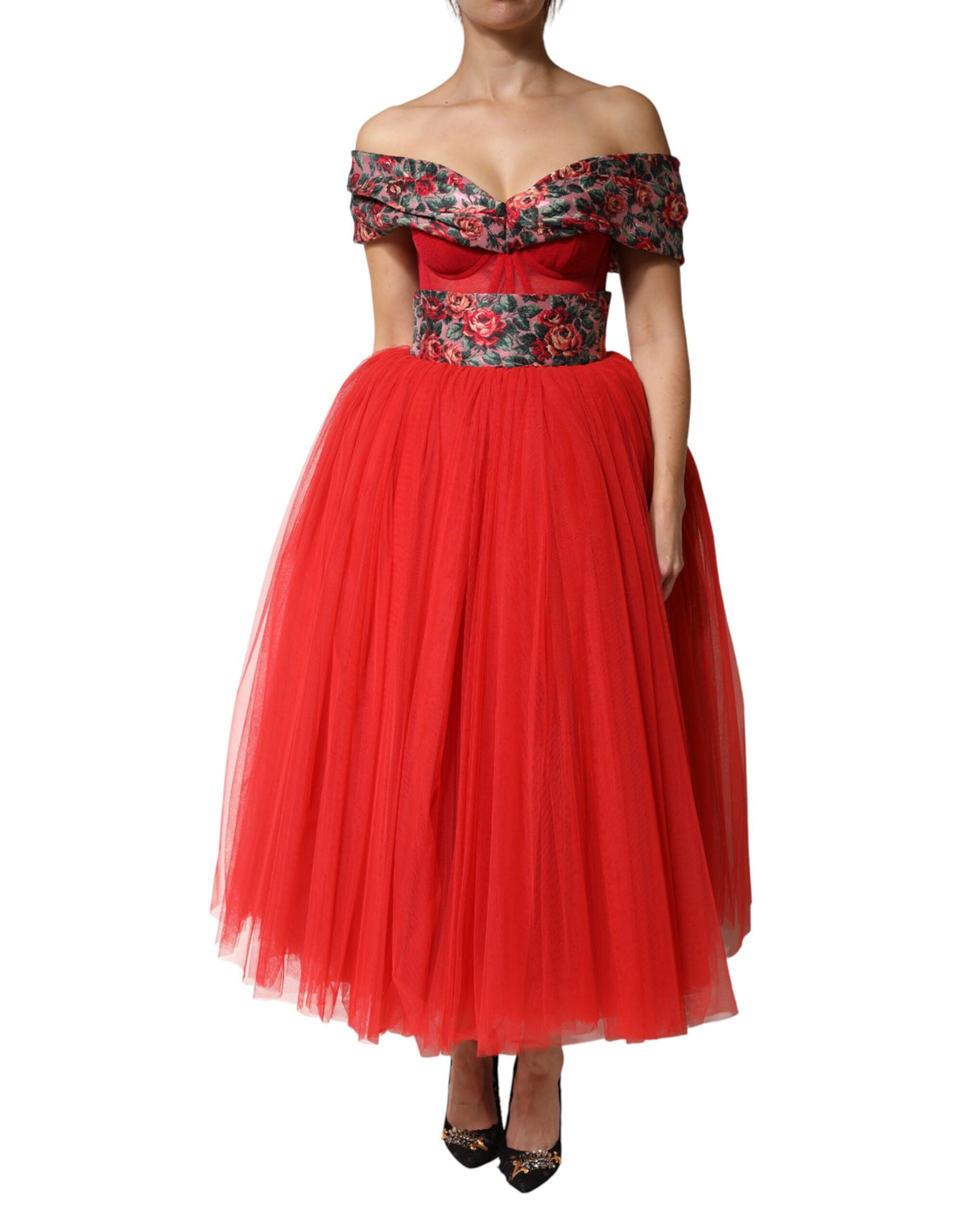 Red Floral Off Shoulder A-line Gown Dress