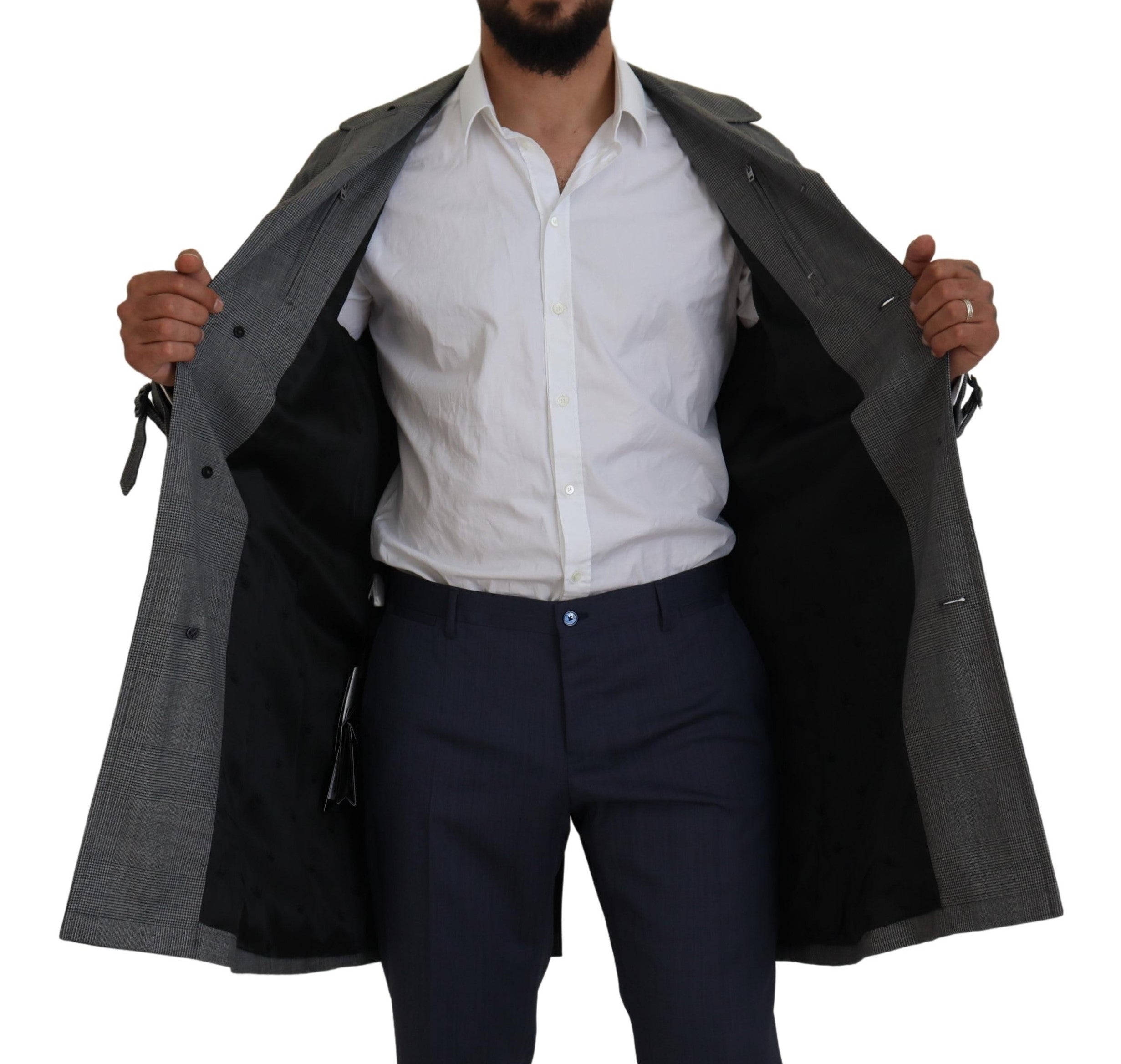 Gray Wool Plaid Long Trench Coat Jacket Trench Coat Jacket