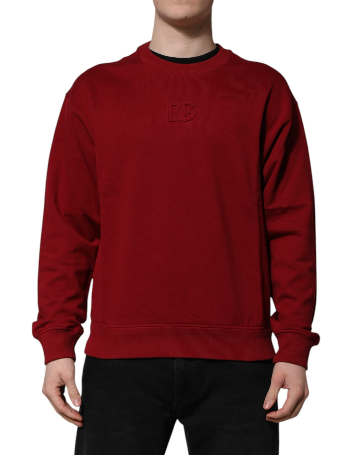 Red Embossed Logo Cotton Crew Neck Sweater