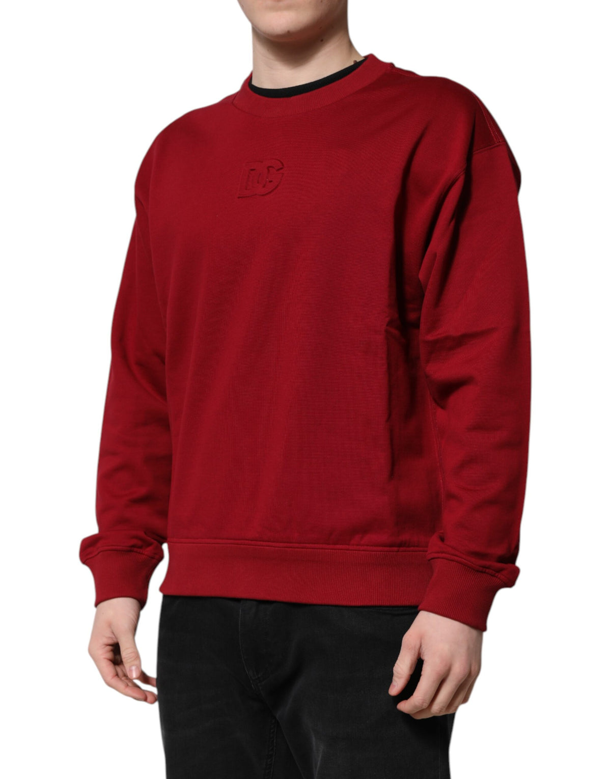Red Embossed Logo Cotton Crew Neck Sweater