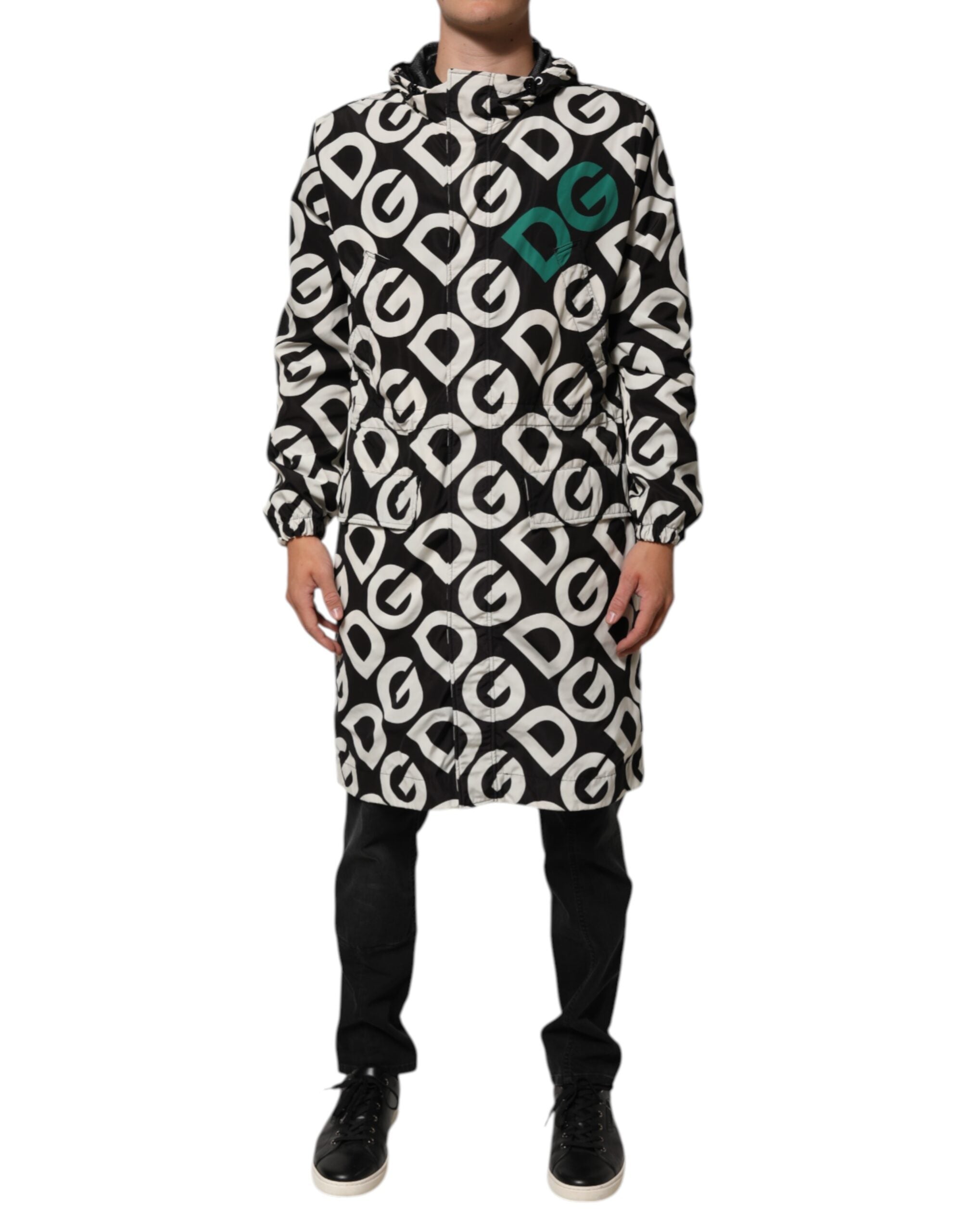 Black White Logo Print Hooded Coat Men Jacket